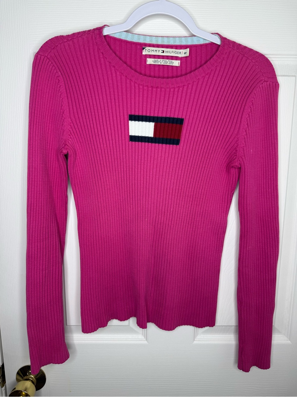 Tommy Hilfiger Pink Ribbed Knit Sweater Size S Flag Logo Y2K Preppy
